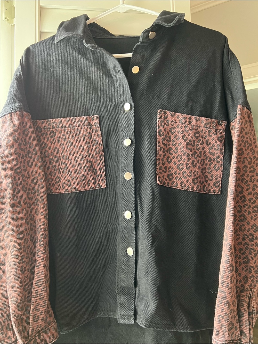 Black Utility Denim Jacket with Brown Leopard Print Sleeves and Pockets